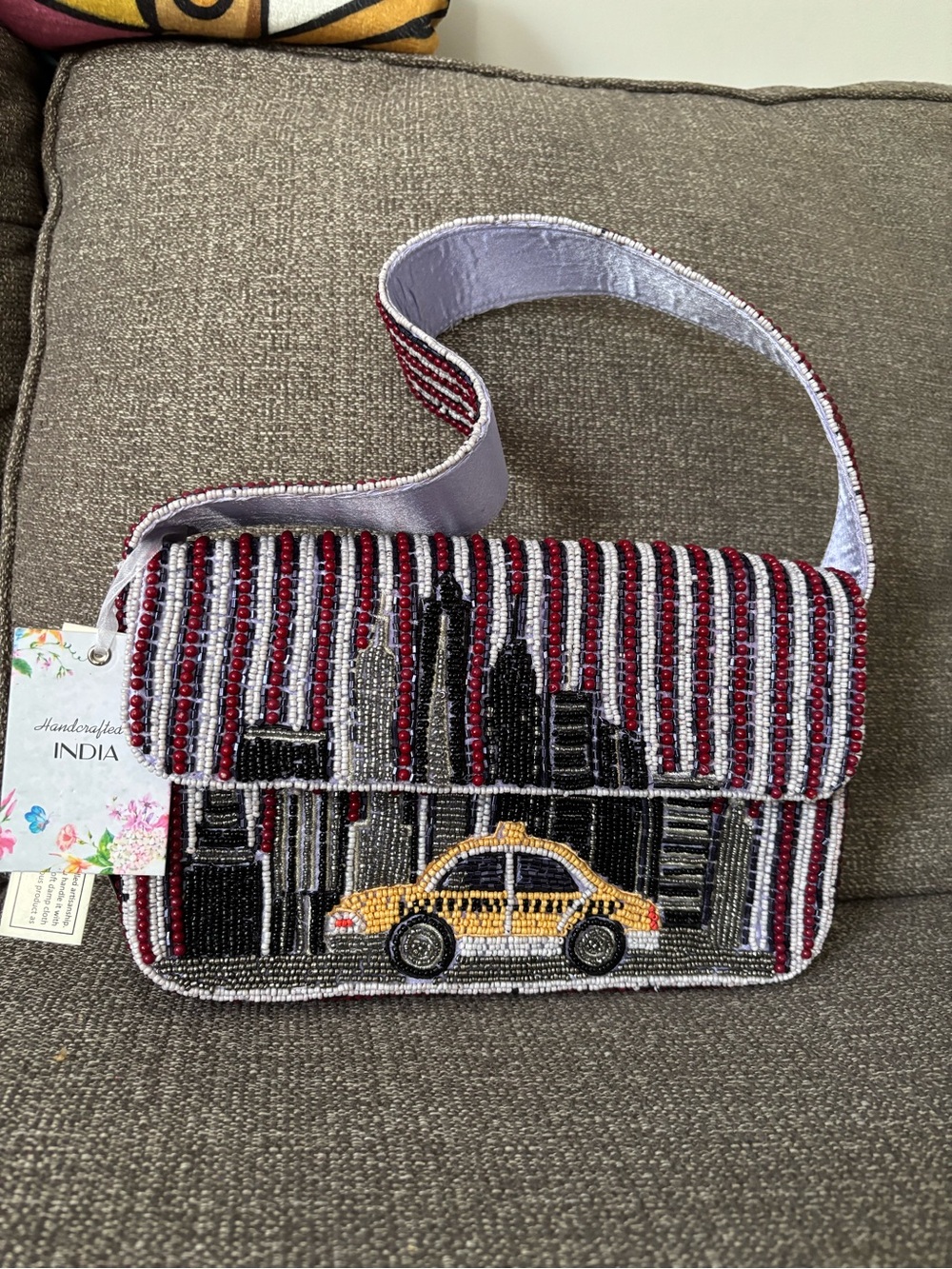 Beaded Kids Shoulder Bag with Yellow Taxi Motif — Red, Silver & Black